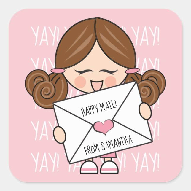 Sticker Carré Joli Courrier Brown Cheveux Fille Coeur Rose Sceau (Devant)