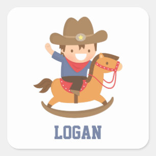 Sticker Carré Joli cow-boy heureux sur cheval à bascule personna