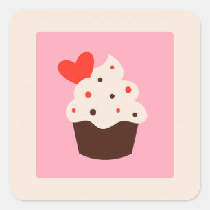 Sticker Carré Joli Cupcake à coeur rouge fantaisiste pour la Sai