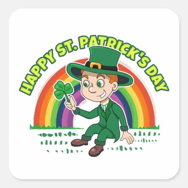 Sticker Carré Joli dessin animé leprechaun avec shamrock et arc- (Devant)