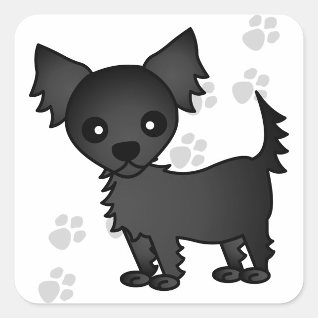 Sticker Carré Joli dessin noir Chihuahua aux cheveux longs (Devant)