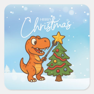 Sticker Carré Joli dinosaure avec sapin de Noël