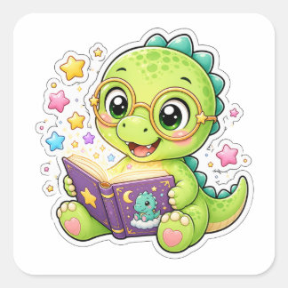 Sticker Carré Joli dinosaure lisant un livre d'histoires