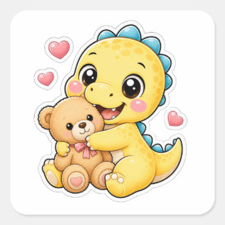Sticker Carré Joli dinosaure qui enlace un ours en peluche