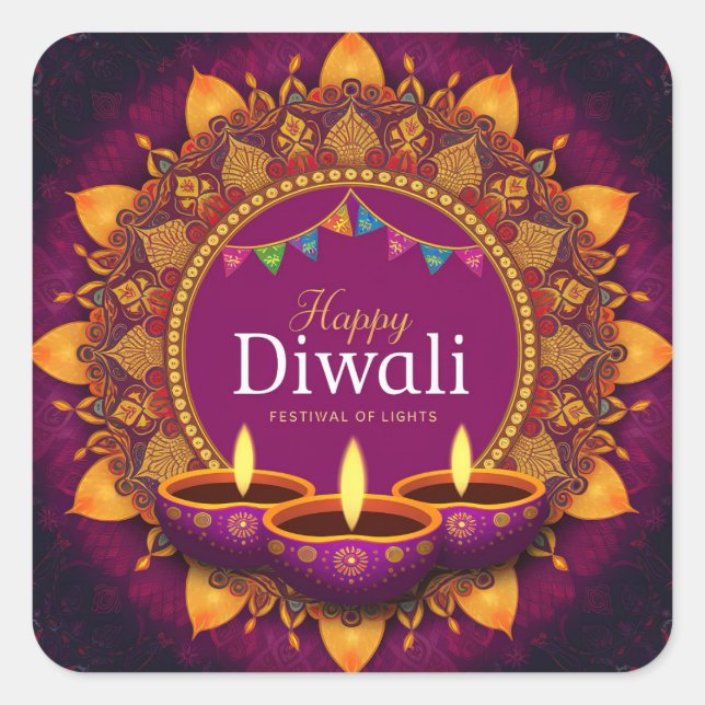 Sticker Carré Joli Diya violet coloré Mandala Happy Diwali (Devant)