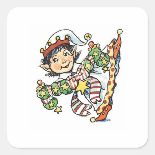 Sticker Carré Joli Elf Dancing, Caricature rétro de Noël