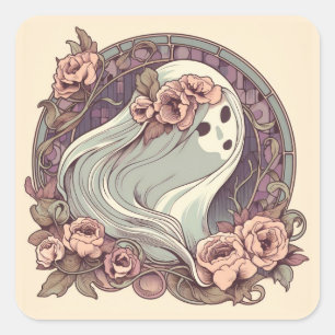 Sticker Carré Joli Fantôme Art Nouveau avec Fleurs Éffrayant