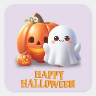 Sticker Carré Joli Fantôme & Citrouille Joyeux Halloween Carré A