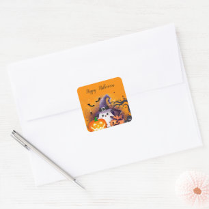 Sticker Carré Joli fantôme d'Halloween avec chapeau de sorcière 