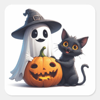 Sticker Carré Joli Fantôme Et Chat Noir Halloween 🎃
