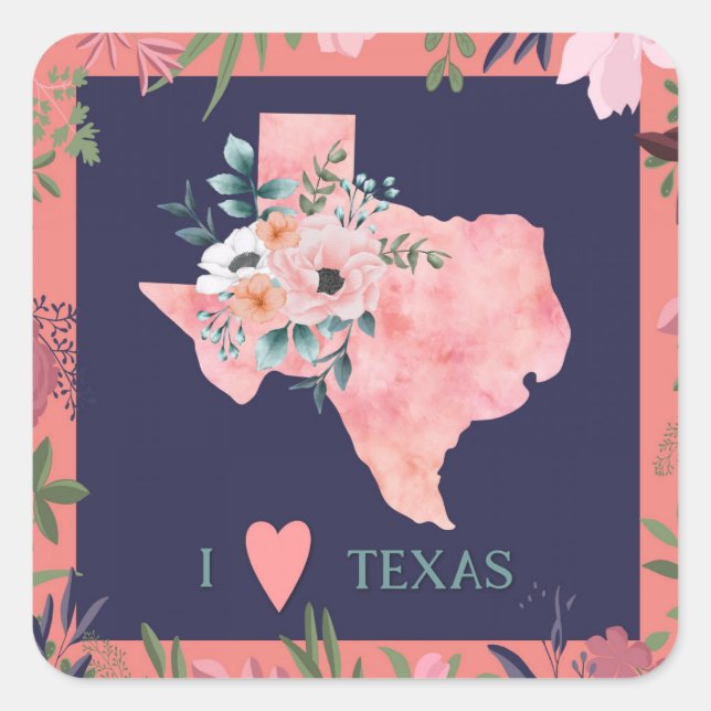 Sticker Carré Joli Floral I Love Texas State Map (Devant)
