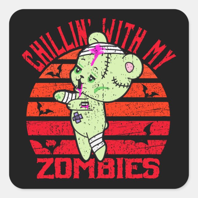Sticker Carré Joli Halloween Chillin' avec mes zombies Teddy Bea (Devant)