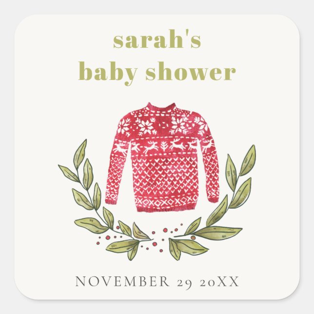 Sticker Carré Joli hiver Rouge Vert Rouge Vilain Baby shower (Devant)