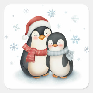 Sticker Carré Joli hiver Theme Penguin Famille Noël