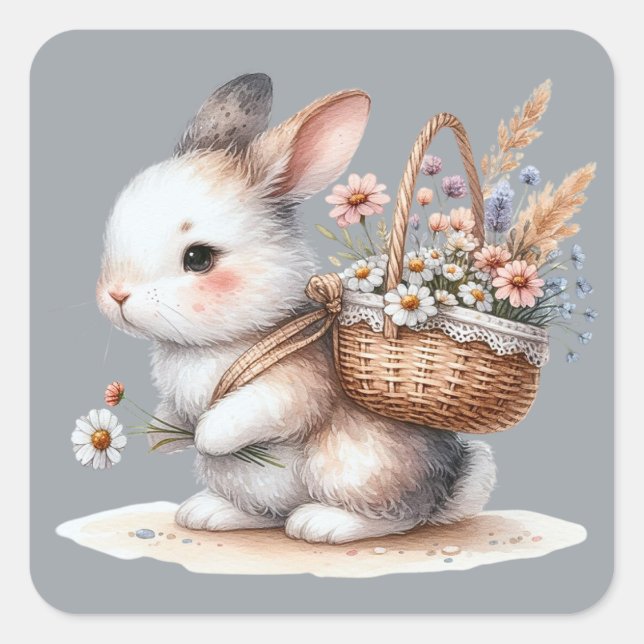 Sticker Carré Joli lapin aux fleurs Aquarelle Art (Devant)