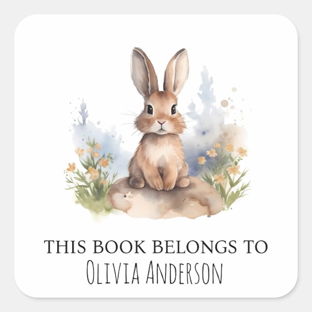 Sticker Carré Joli lapin aux fleurs jaunes Ce livre appartient (Devant)