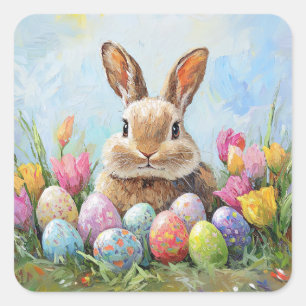 Sticker Carré Joli lapin de Pâques avec des oeufs colorés