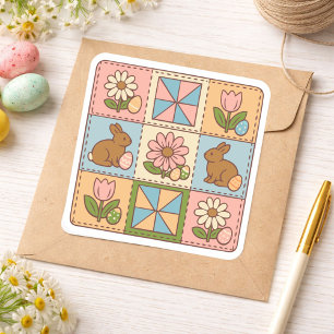 Sticker Carré Joli lapin de Pâques pastel en patchwork de fleurs