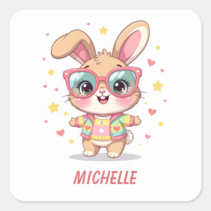 Sticker Carré Joli lapin féminin avec monogramme portant des lun