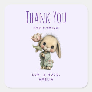 Sticker Carré Joli Lapin Organisant une Fête de Tulipes Merci