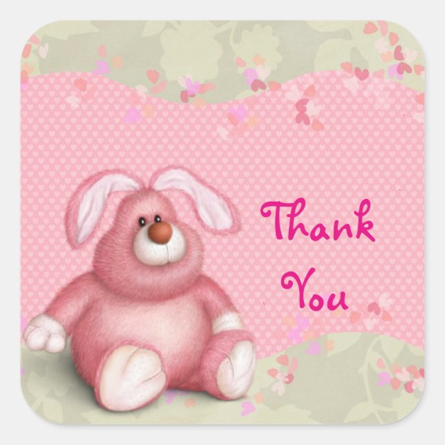 Sticker Carré Joli lapin rose avec Merci de coeur (Devant)