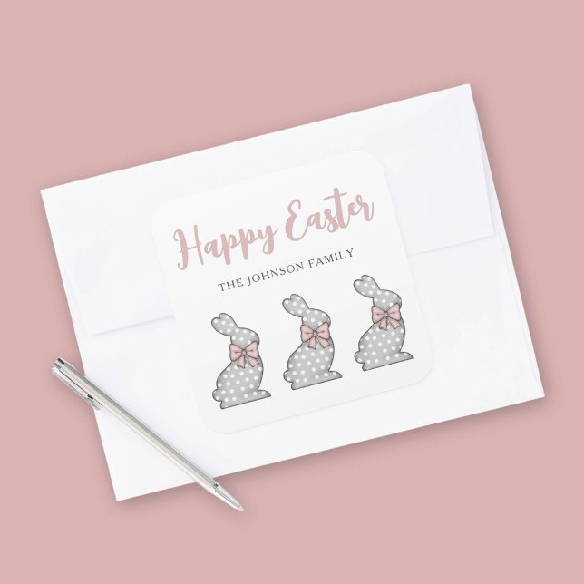 Sticker Carré Joli lapin rose Pâques (Cute Pink Bunny Happy Easter Square Sticker)