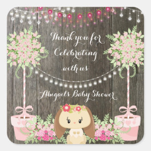 Sticker Carré Joli Lapin Rustique, Baby shower De Fleurs Roses
