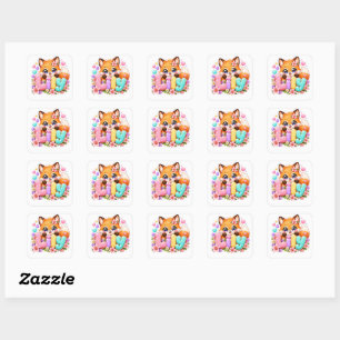Sticker Carré Joli Lily Fox Nom Pastel Rose Floral Bois