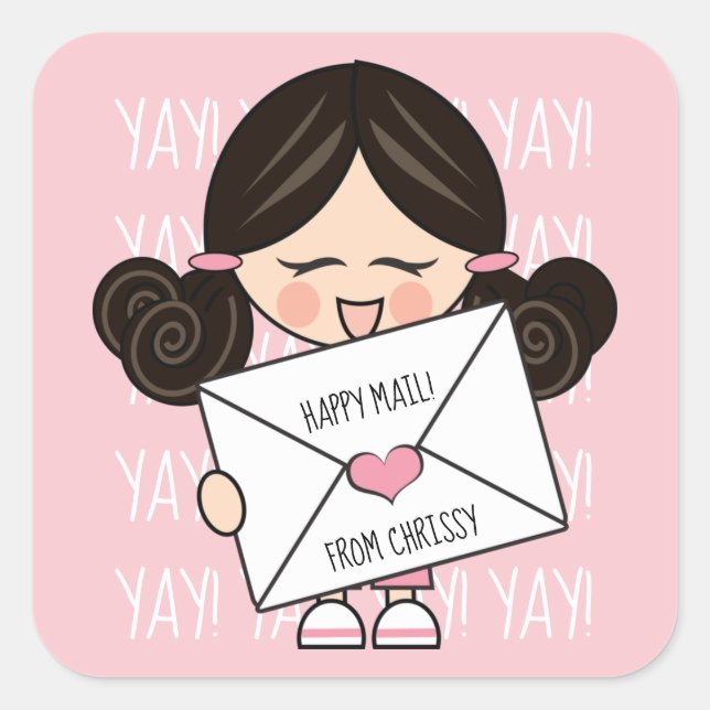 Sticker Carré Joli Mail Asiatique Fille Rose Coeur Sceau (Devant)