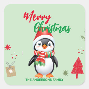 Sticker Carré Joli manchot de Noël Père Noël Scarf vacances