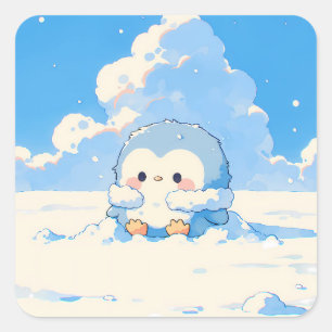 Sticker Carré Joli manchot jouant dans la neige hivernale