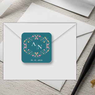 Sticker Carré Joli Monogramme Joli Coloré Vert Floral Mariage