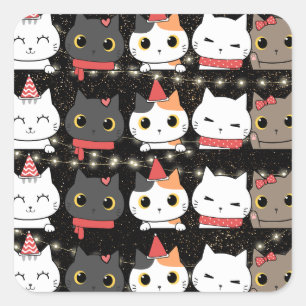 Sticker Carré Joli Noël Anniversaire Chat fait face à un Motif s