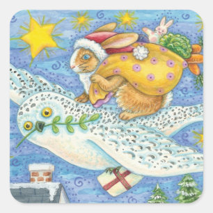 Sticker Carré Joli Noël avec un lapin en Père Noël sur un hibou