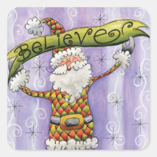 Sticker Carré Joli Noël de dessin animé, je crois au Père Noël
