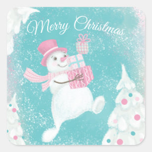 Sticker Carré Joli Noël Snowman rose et menthe