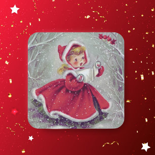 Sticker Carré Joli Noël Vintage Fille en Carolage en Neige
