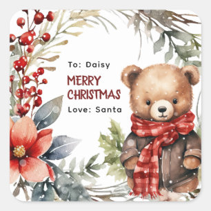 Sticker Carré Joli Ours En Jeu D'Hiver Enfants Cadeau De Noël