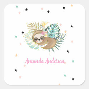 Sticker Carré Joli paresseux endormi,Étoiles,Princesse