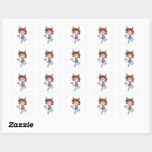 Sticker Carré Joli personnage Chibi fille glace crêpes Cartoon C