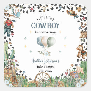 Sticker Carré Joli Petit Cow-boy Western Aquarelle Baby Shower