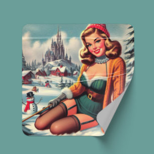 Sticker Carré Joli Pin-up Rétro d'Hiver