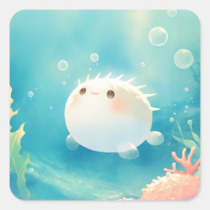 Sticker Carré Joli Poisson-Globe Kawaii Aquarelle Sous l'Océan