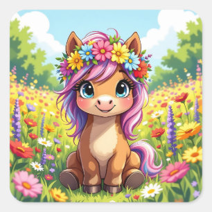 Sticker Carré Joli poney avec fleurs