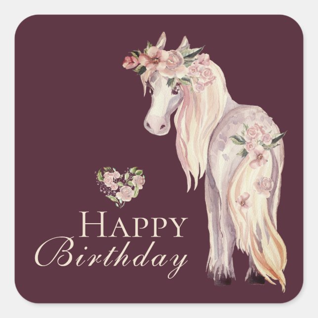 Sticker Carré Joli Pony et Cheval de Fleurs Joyeux Anniversaire (Devant)