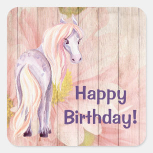 Sticker Carré Joli Pony et marguerites Barn Bois Cheval Annivers