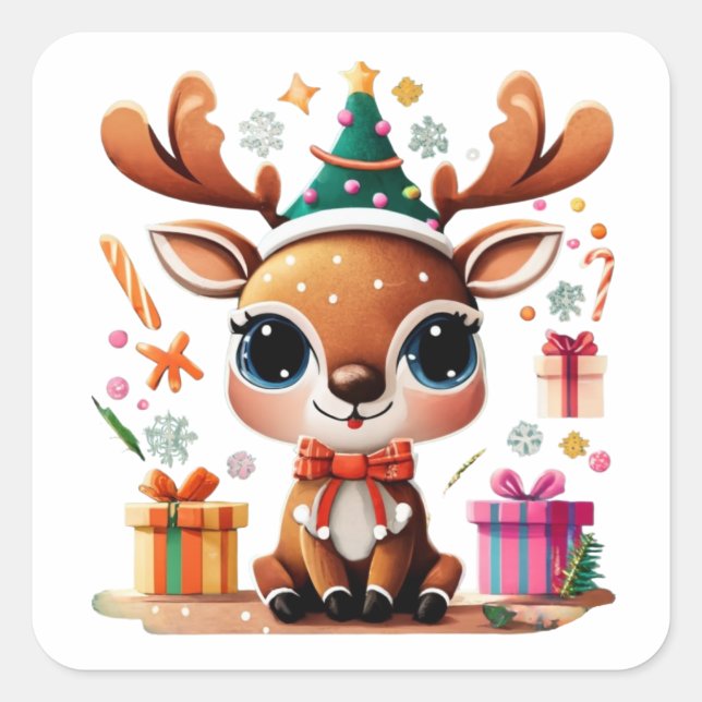Sticker Carré Joli Reindeer Joyeux cadeau de Noël Joyeux vacance (Devant)