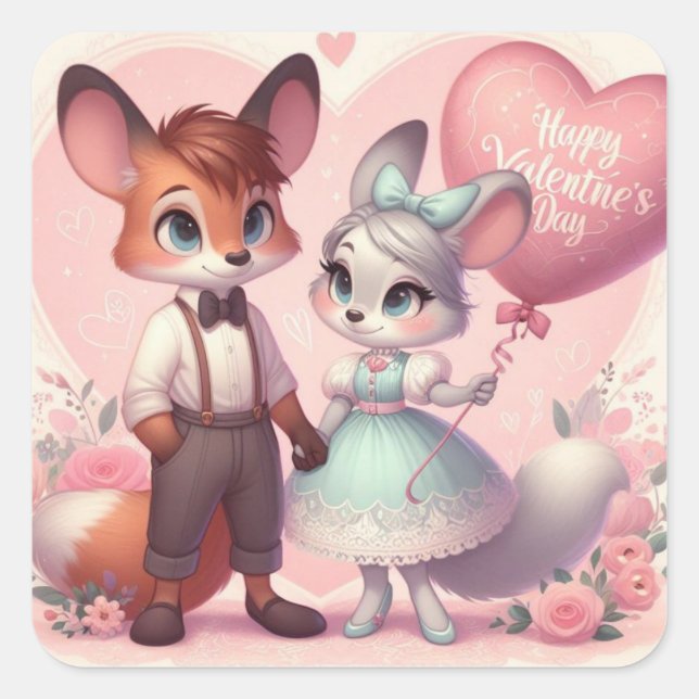Sticker Carré Joli renard de caricature Saint Valentin (Devant)