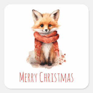 Sticker Carré Joli Renardeau dans un Écharpe Rouge Noël