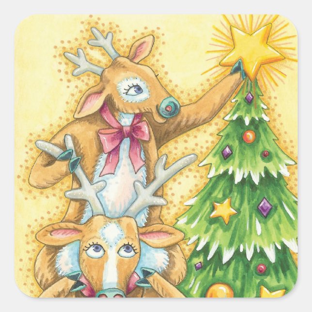 Sticker Carré Joli renne de Noël avec l'étoile de l'arbre de Noë (Devant)